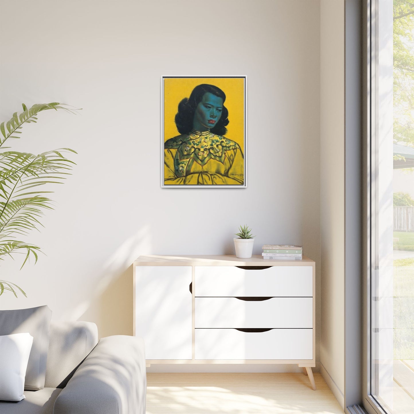 Framed Matte Canvas Art Print — Vintage Portrait with Yellow Background