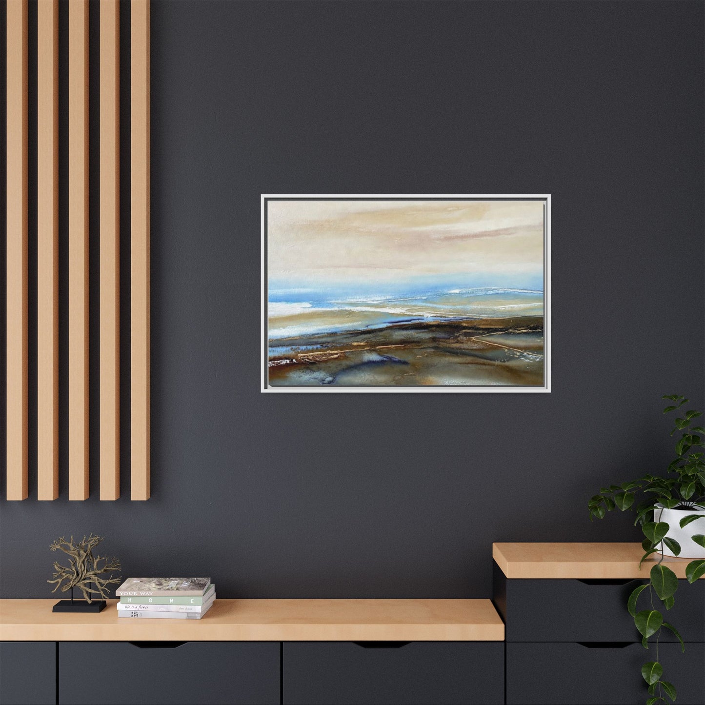 Framed Abstract Seascape Matte Canvas — Coastal Blue & Earth Tone Wall Art