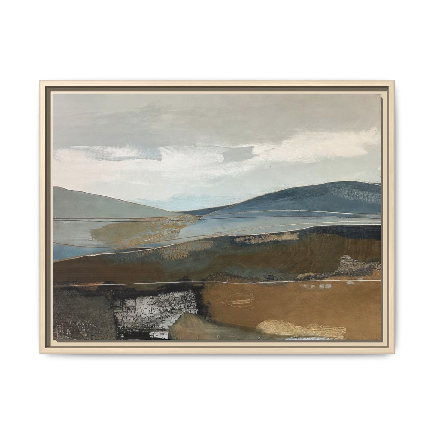 Framed Matte Canvas Landscape Art - Serene Abstract Hills in Blue & Earth Tones