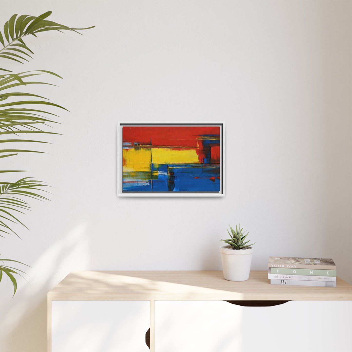 Abstract Color Block Matte Canvas Framed Wall Art — Modern Red Yellow Blue Painting