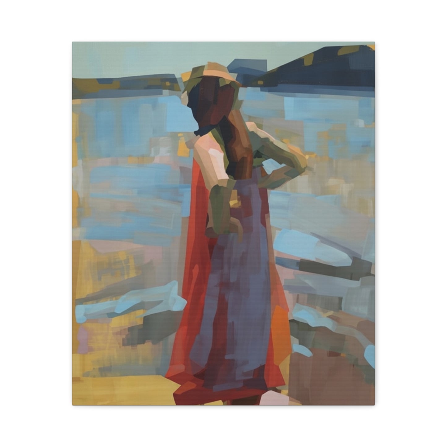Coastal Stroll Matte Canvas Print — Abstract Woman in Red Dress, Stretched 1.25"