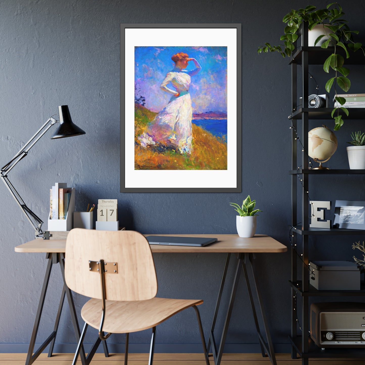 Coastal Impressionist Framed Poster — Woman in White Seaside Art Print