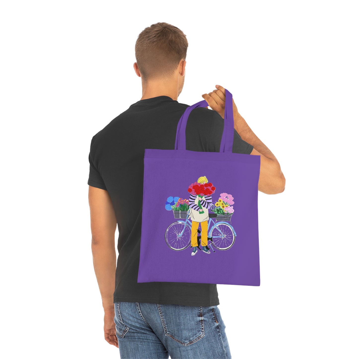 Floral Bike Tote Bag — Cotton Market Tote with Colorful Flower Bicycle Design