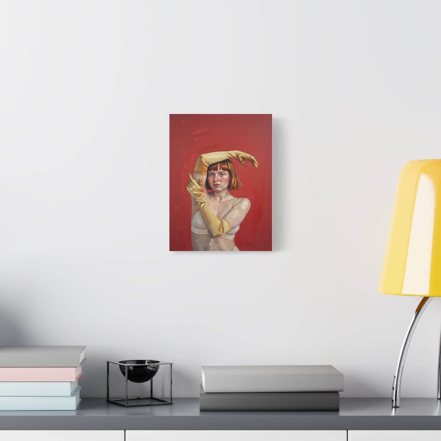 Figurative Portrait Canvas — Woman with Yellow Gloves on Red Background