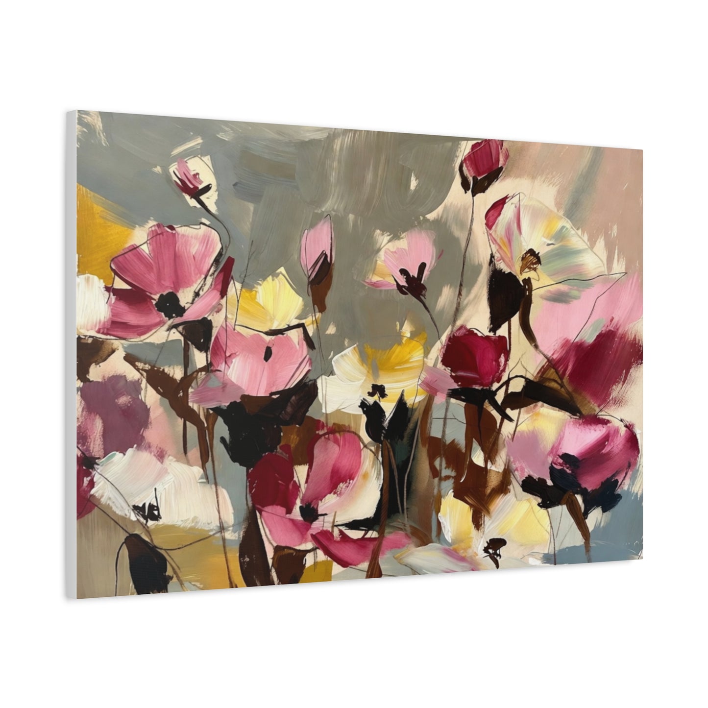 Floral Abstract Canvas Wall Art — Pink & Yellow Bloom Stretched Matte Print