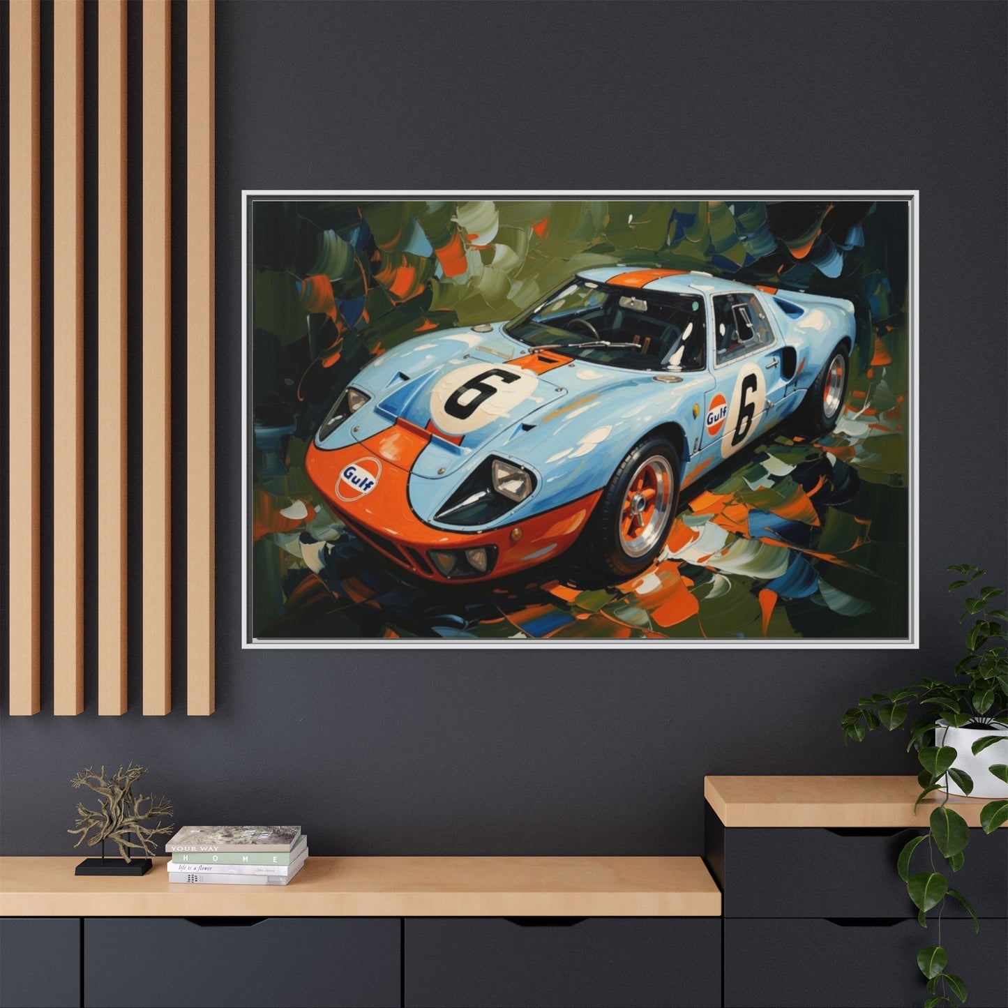 Gulf Racing GT40 Matte Framed Canvas — Vintage Sports Car Wall Art