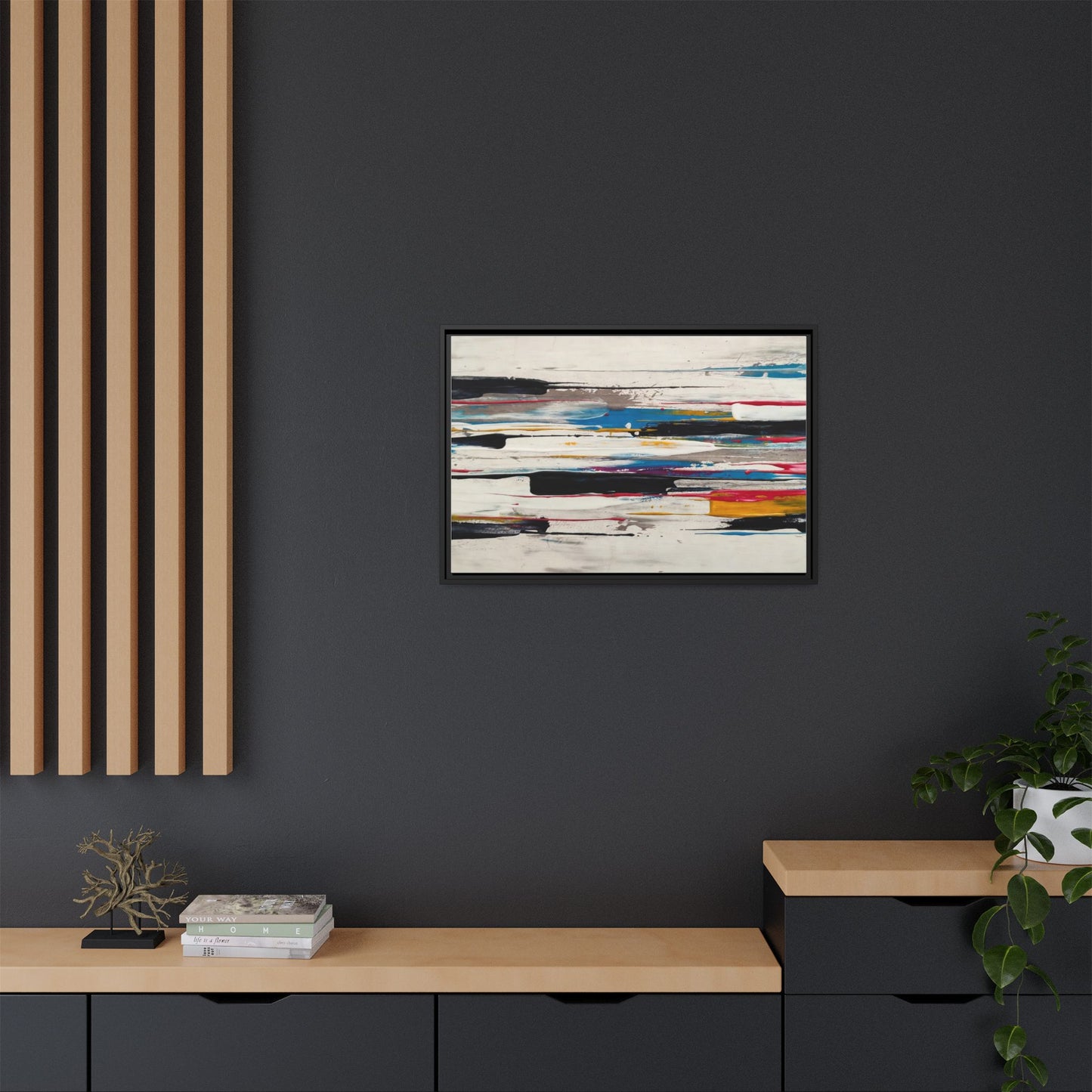 Abstract Multi-Color Framed Canvas Wall Art — Modern Horizontal Brushstroke Print
