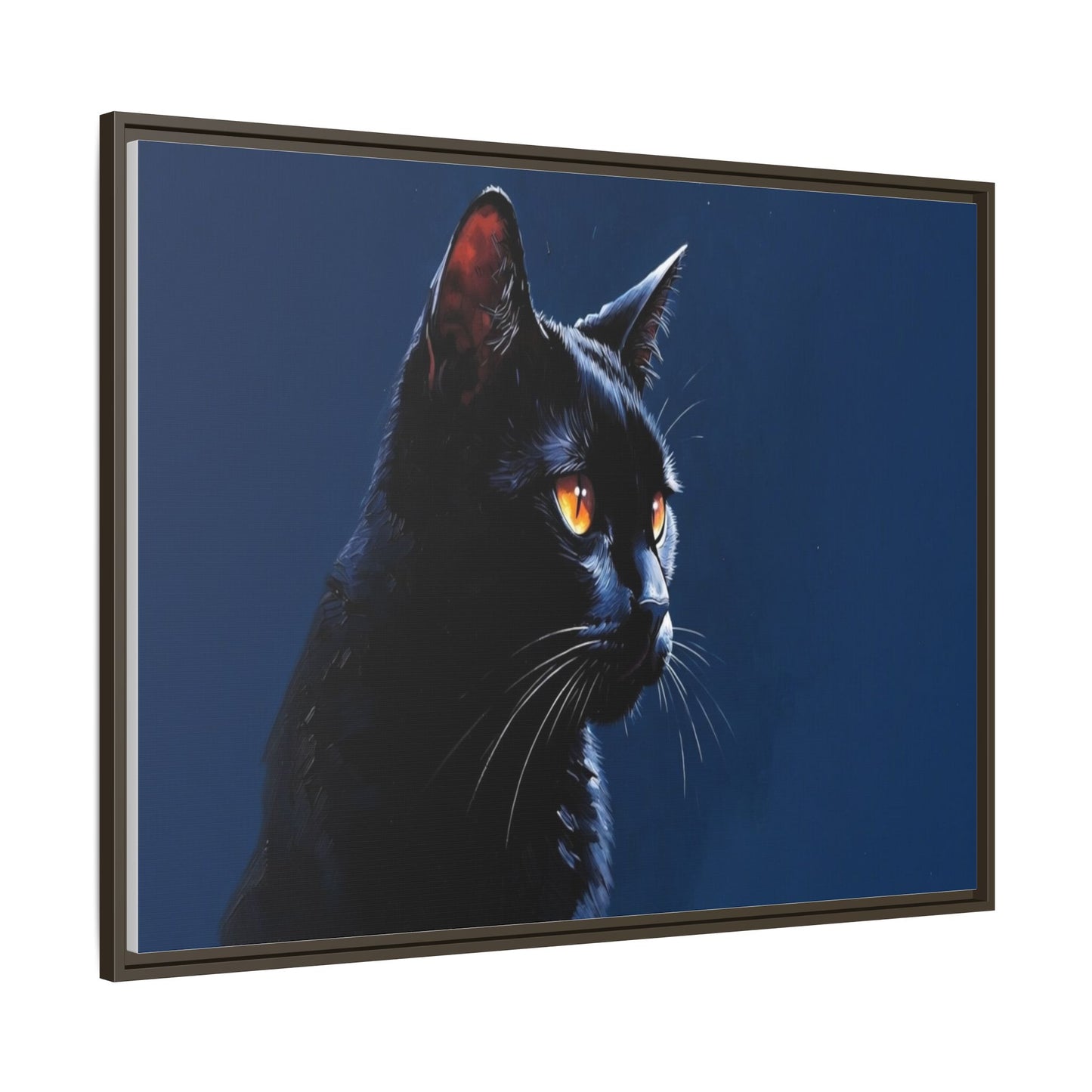 Black Cat Portrait Matte Canvas Framed Wall Art — Dramatic Feline Photo Print