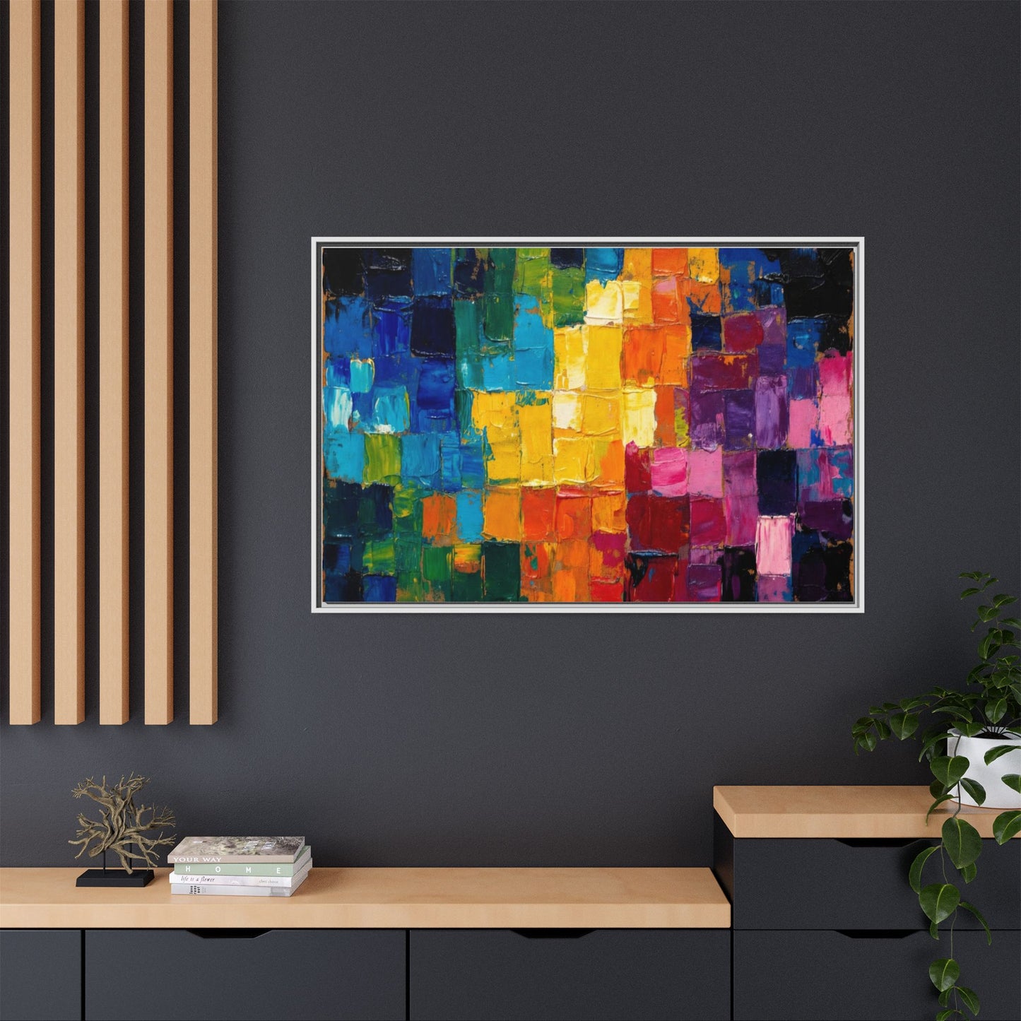 Abstract Rainbow Mosaic Framed Canvas Print — Colorful Modern Wall Art