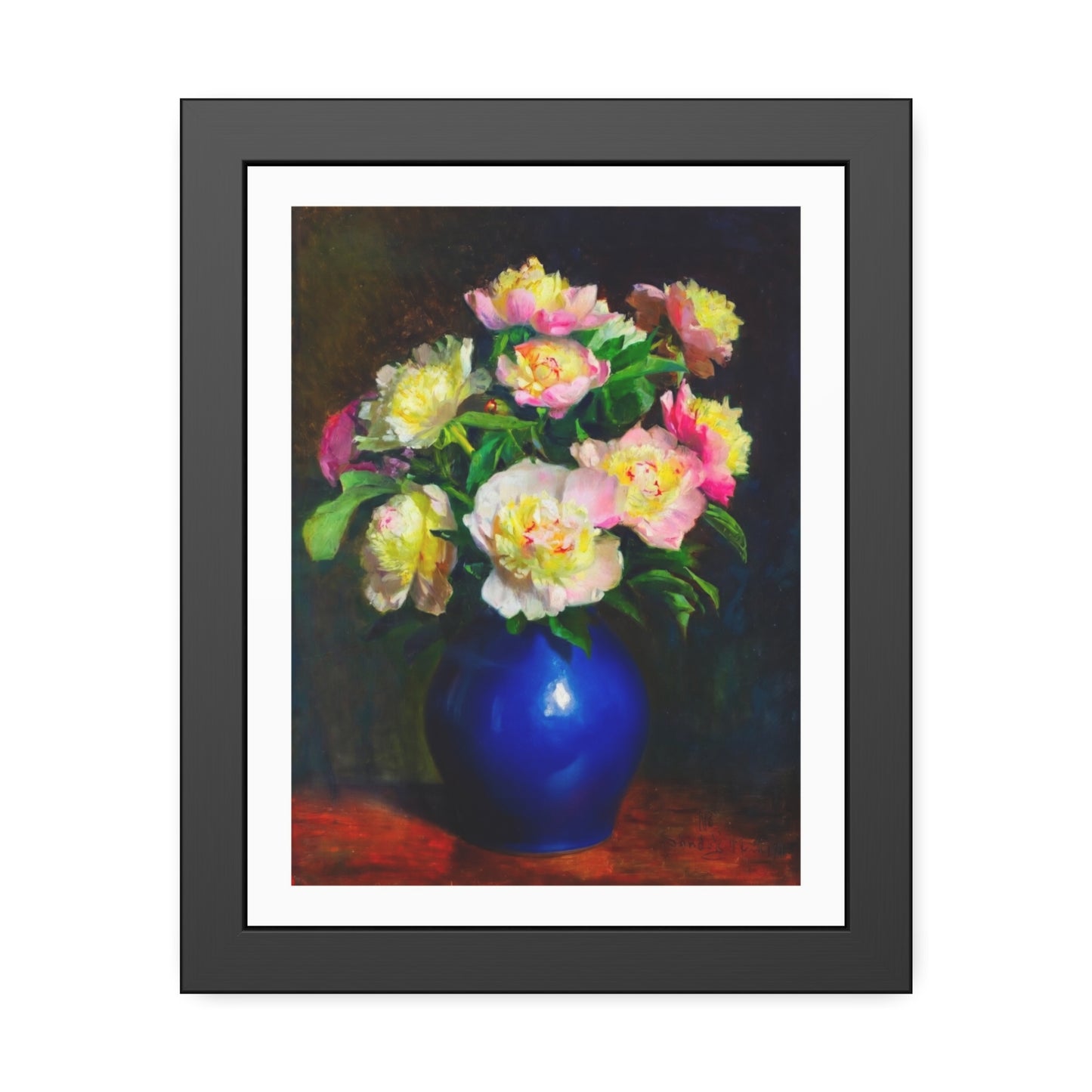 Framed Floral Poster — Pink Peonies in Blue Vase Wall Art