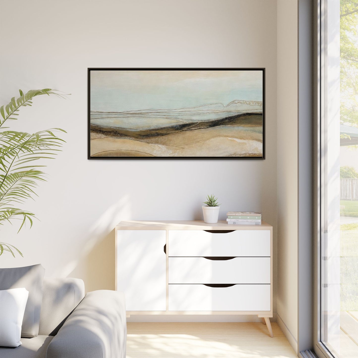 Framed Matte Canvas Wall Art — Neutral Abstract Landscape in Soft Blues & Earth Tones