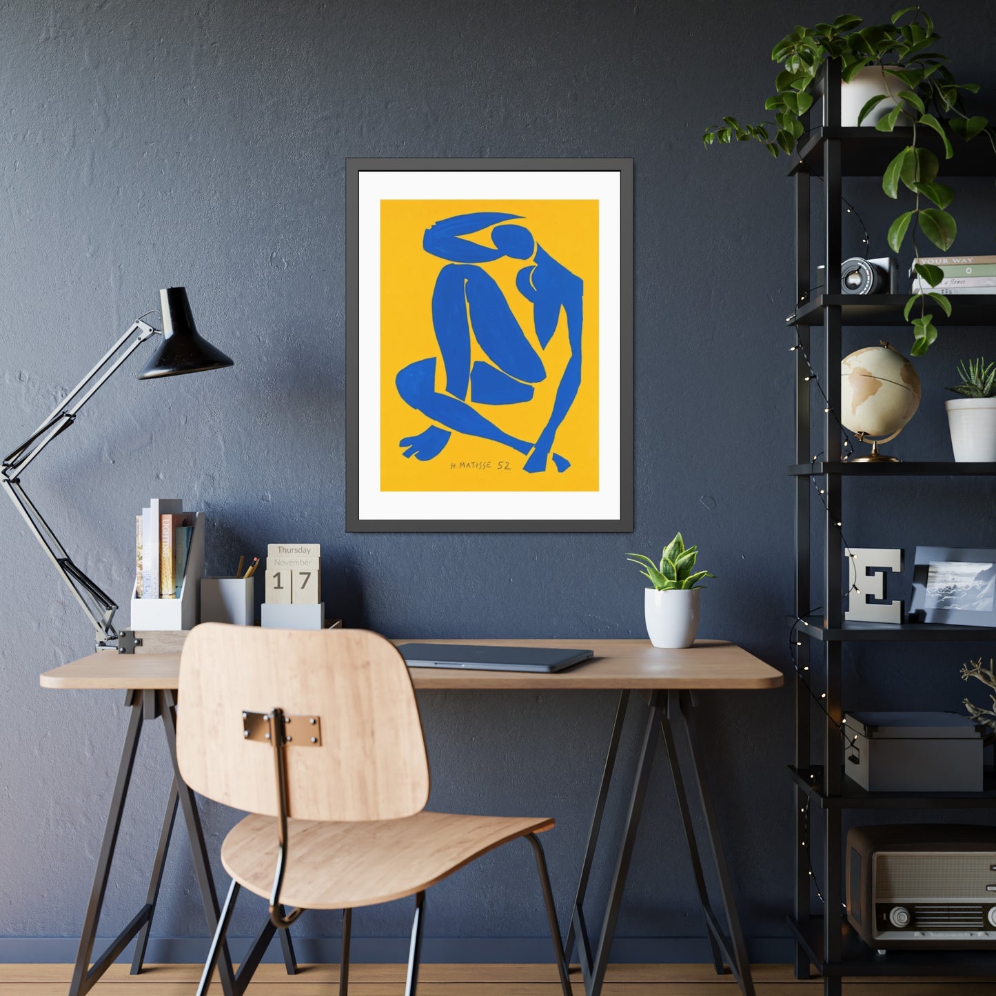 Framed Art Print - Blue Cutout Figure on Yellow (Matisse Style)
