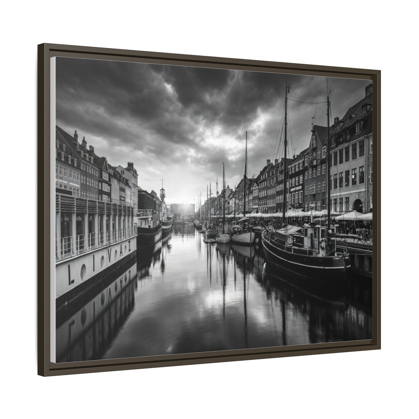 Framed Matte Canvas: Black & White Dutch Canal Photography Wall Art