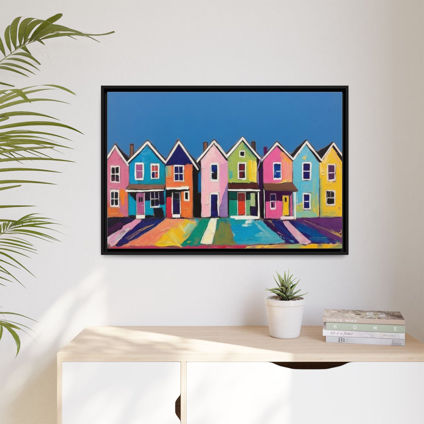 Colorful Beach Houses Matte Canvas Framed Wall Art
