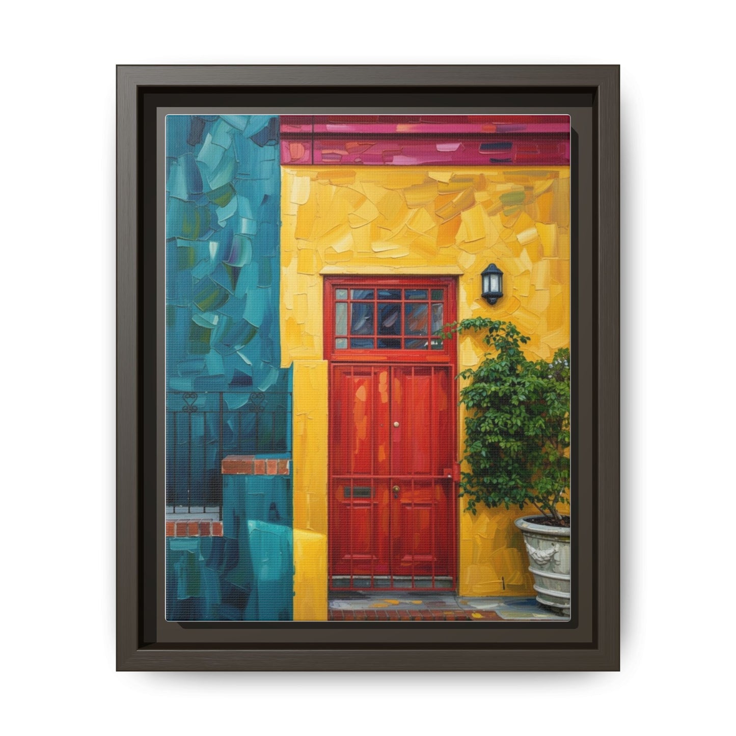 Framed Matte Canvas Wall Art — Colorful Red Door on Yellow Facade