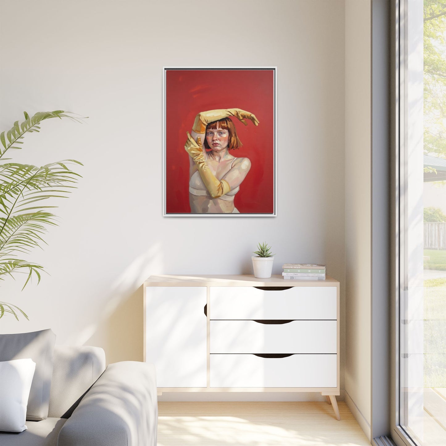 Framed Matte Canvas Art - Portrait of Woman in Yellow Gloves (Red Background)