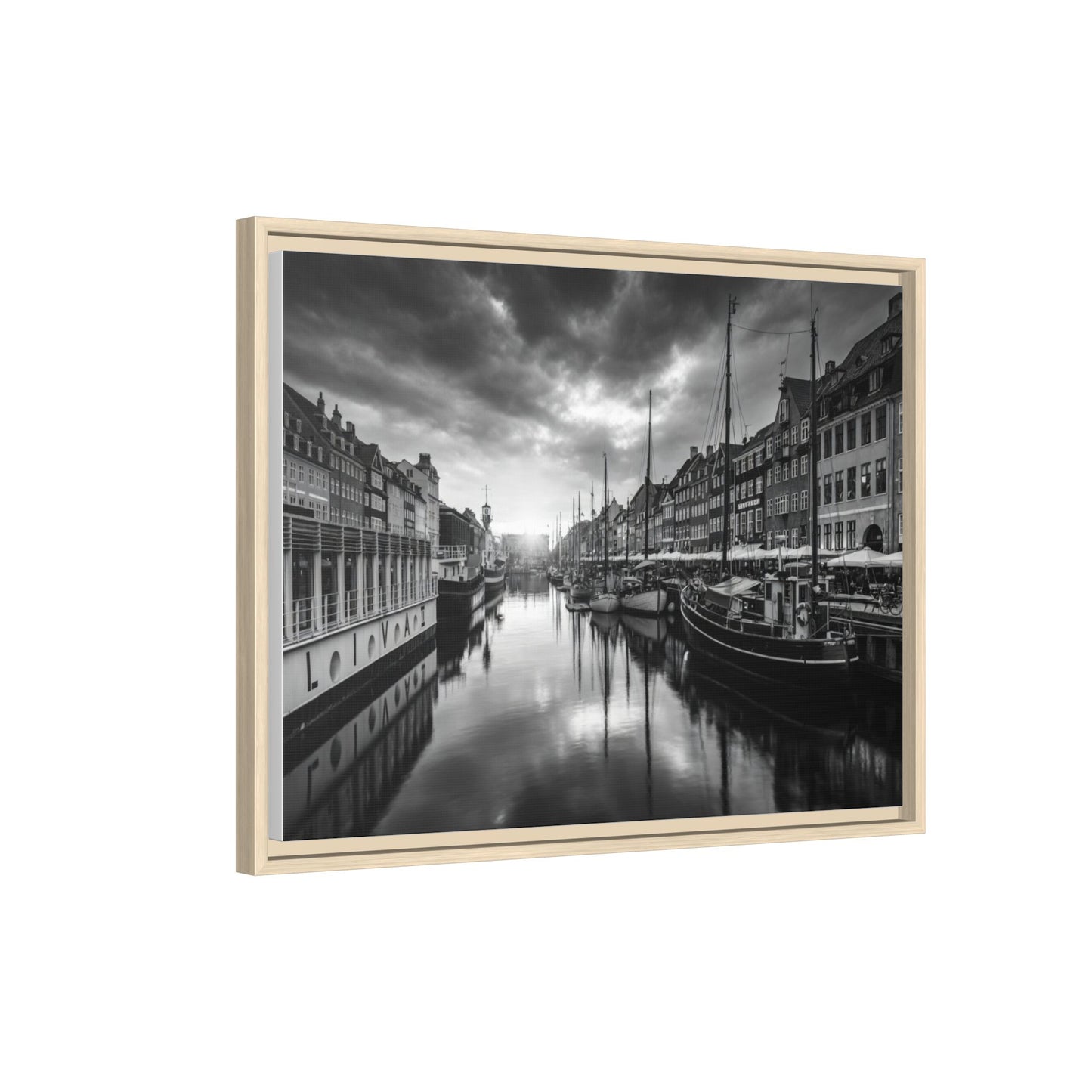 Framed Matte Canvas: Black & White Dutch Canal Photography Wall Art