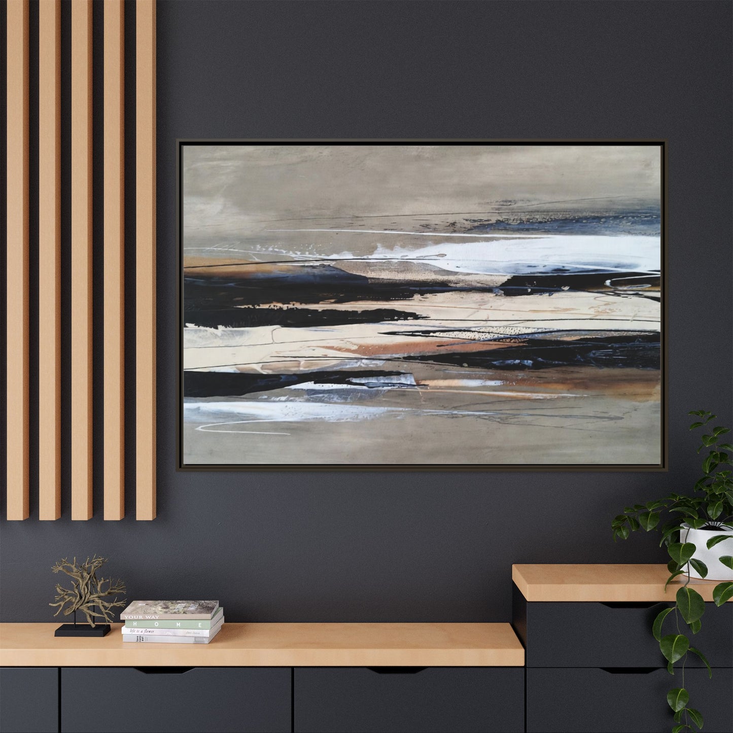 Abstract Seascape Matte Canvas Framed Wall Art — Neutral Coastal Landscape