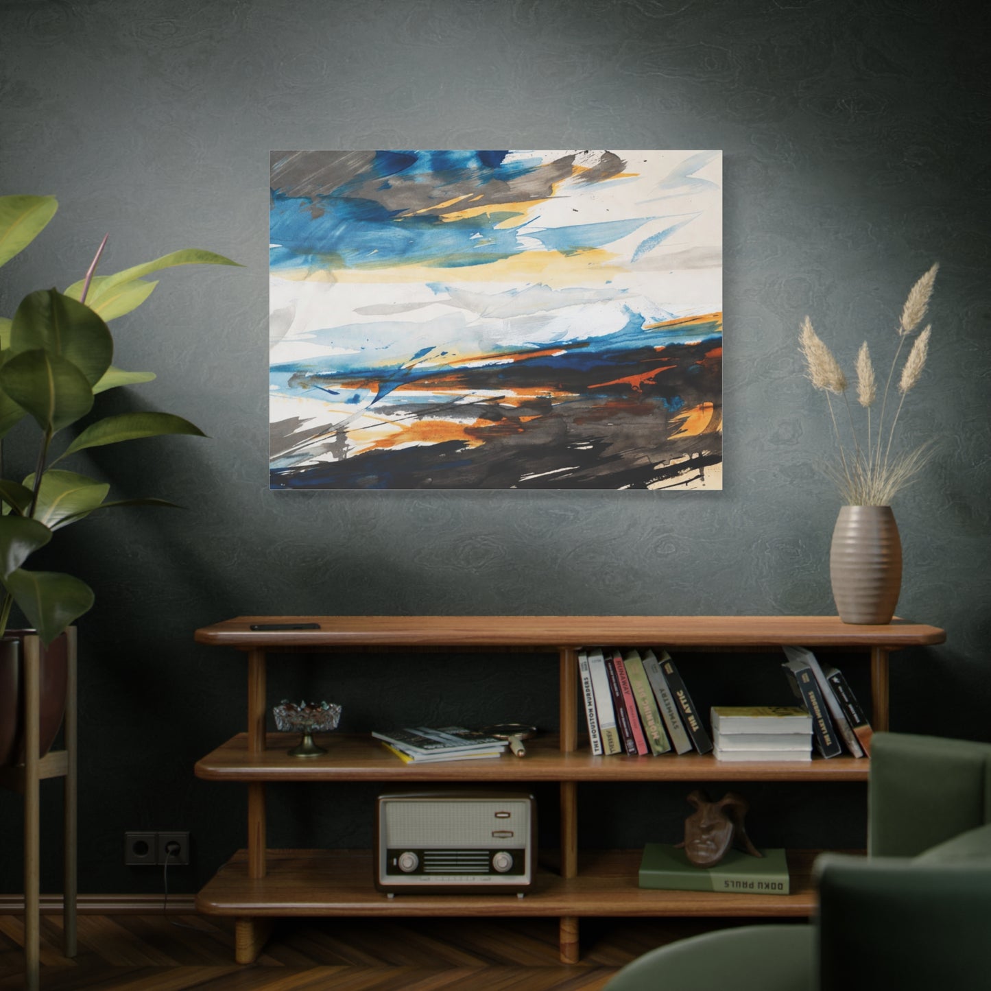 Abstract Oceanic Canvas Print — Blue & Amber Stretched Wall Art