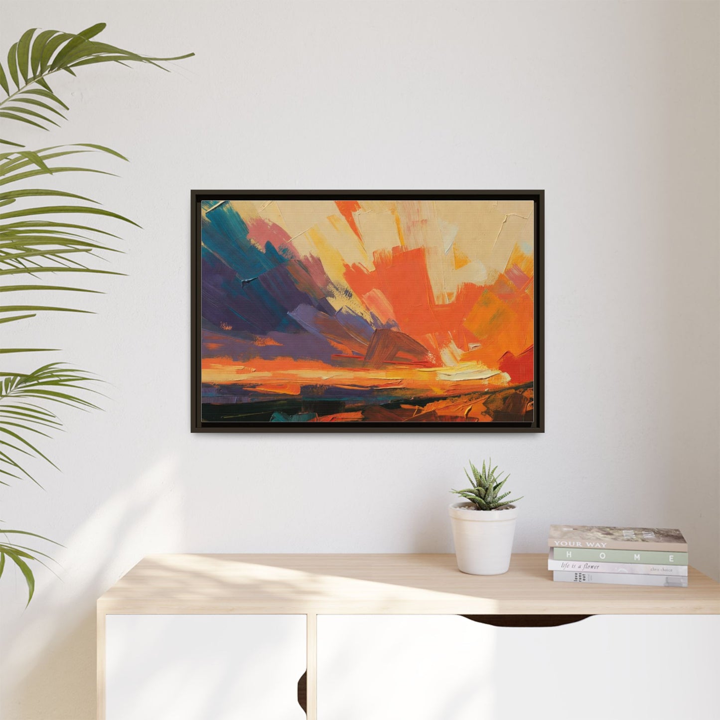 Framed Abstract Sunset Canvas Art – Multicolor Matte Wall Decor