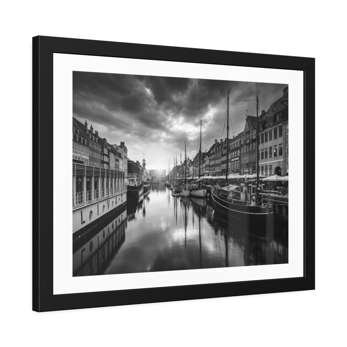 Black & White Dutch Canal Framed Photo Print — Nautical Cityscape Wall Art