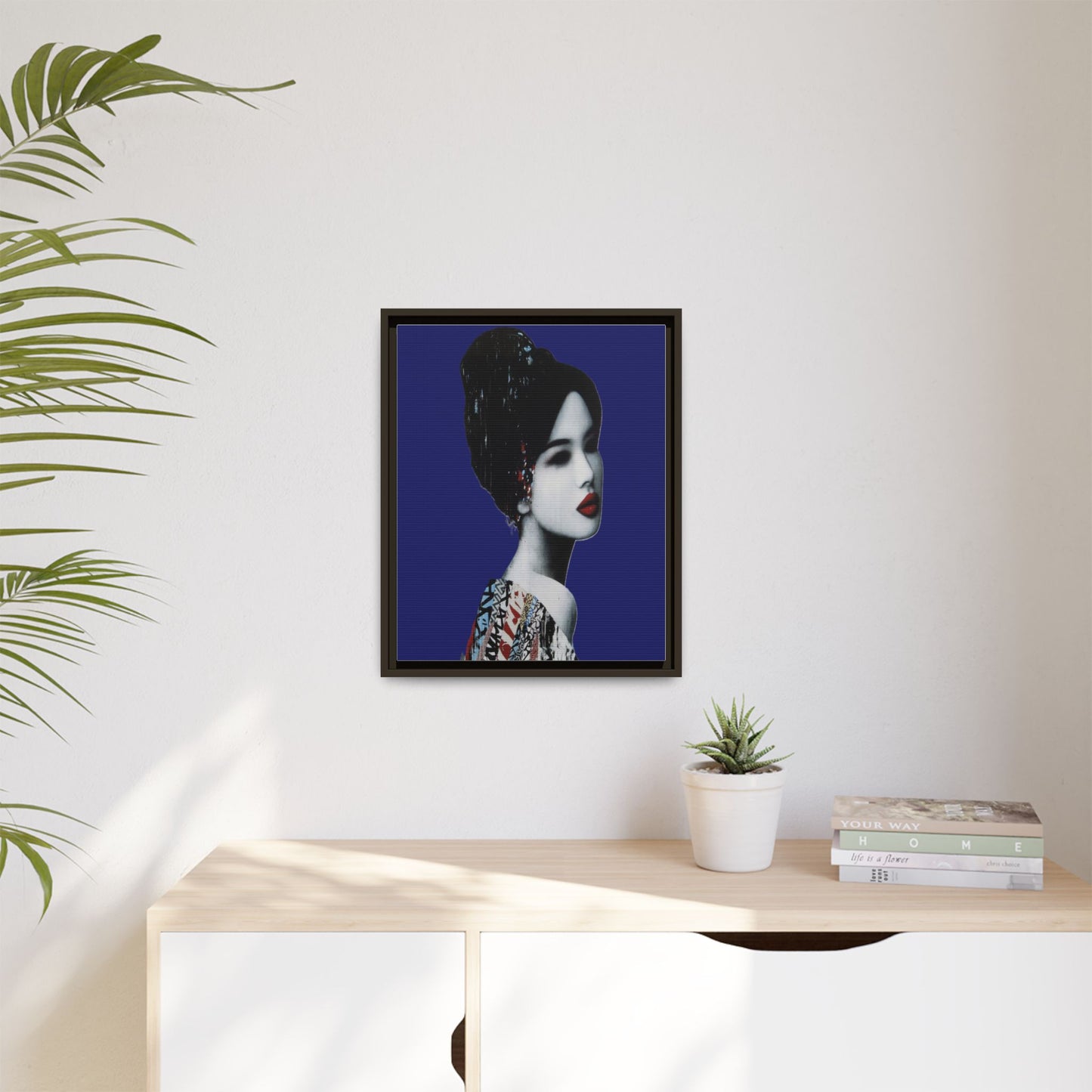 Framed Matte Canvas Art — Elegant Geisha Portrait on Deep Blue
