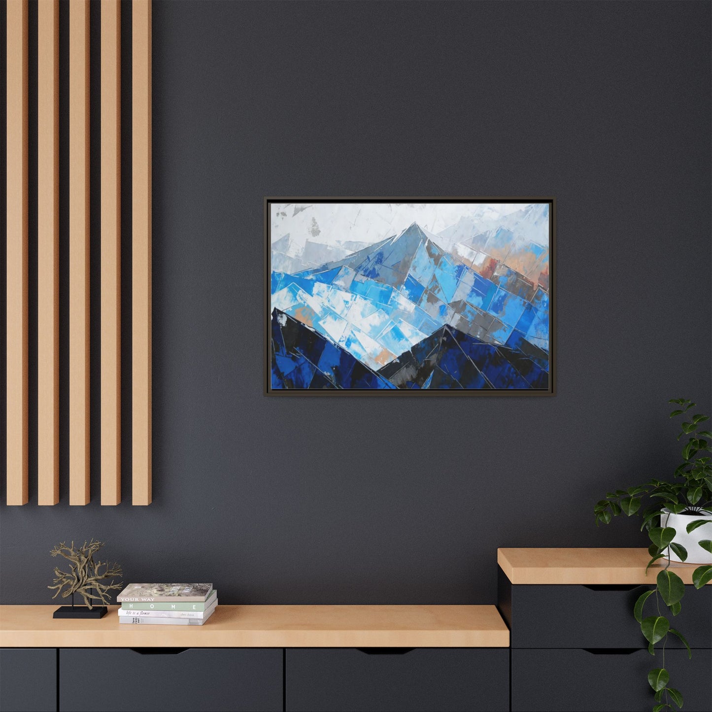 Framed Matte Canvas Blue Mountain Abstract Wall Art