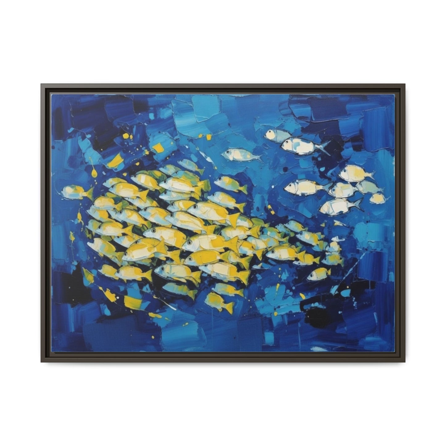 Framed Matte Canvas: Blue School of Fish Wall Art