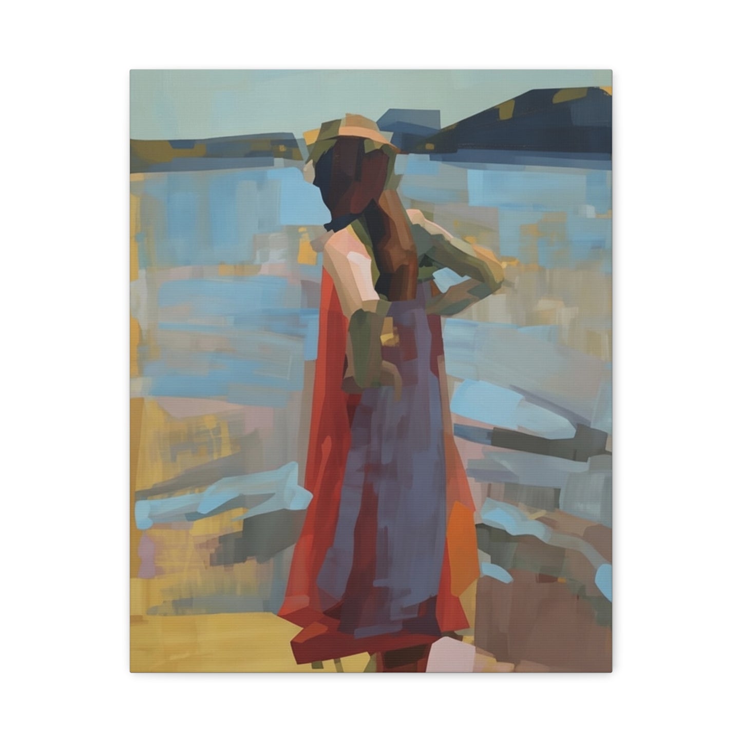 Coastal Stroll Matte Canvas Print — Abstract Woman in Red Dress, Stretched 1.25"