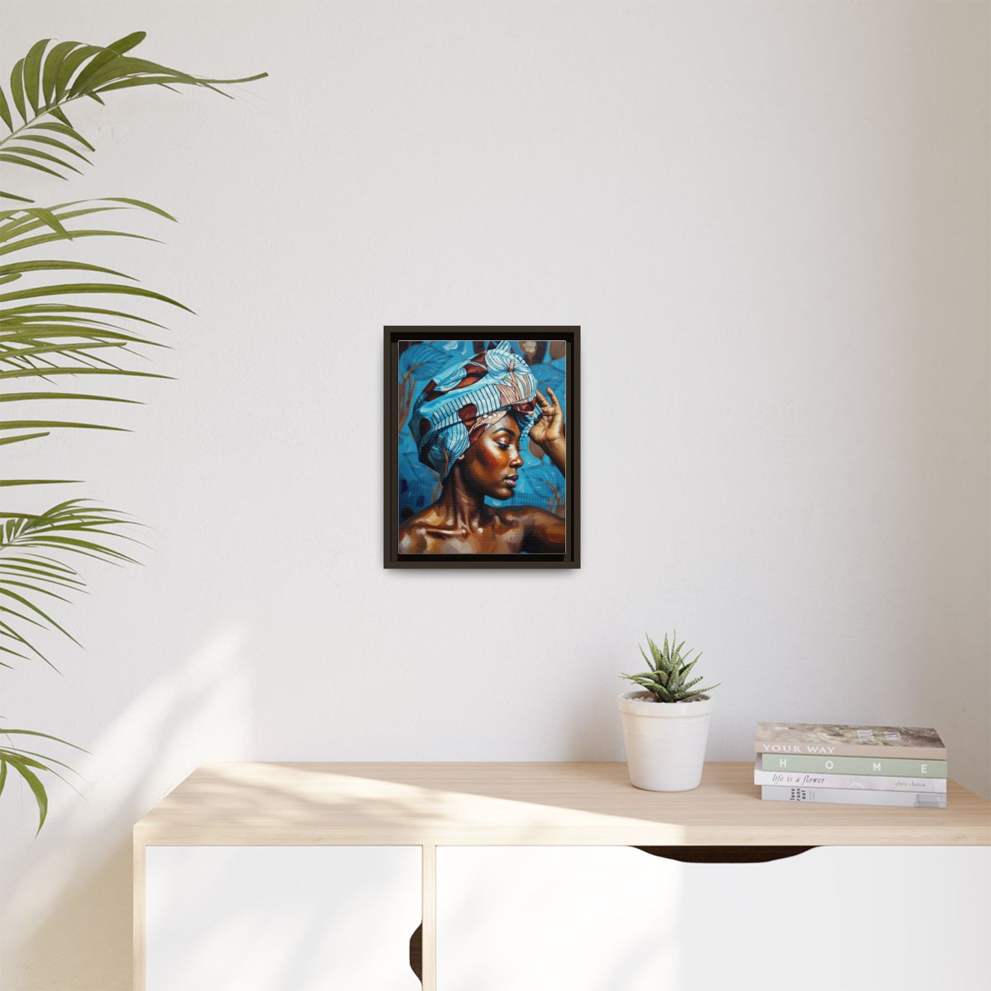 Framed Canvas Art — Portrait of Woman in Blue Headwrap