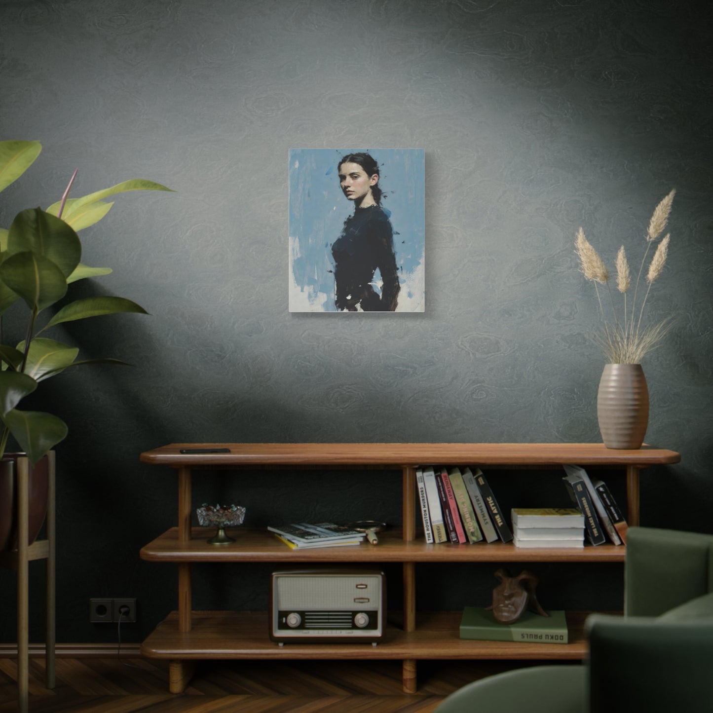 Matte Stretched Canvas Print — Portrait of a Young Woman, Moody Blue Figurative Art