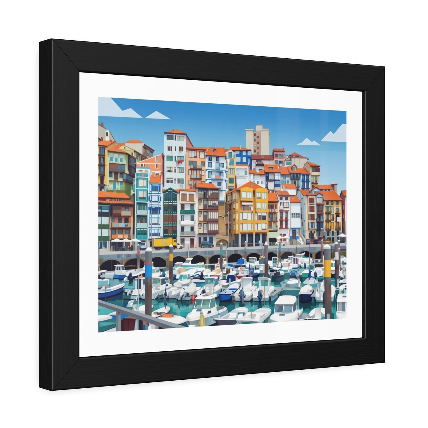 Harbor Marina Framed Poster — Colorful Coastal Cityscape Wall Art