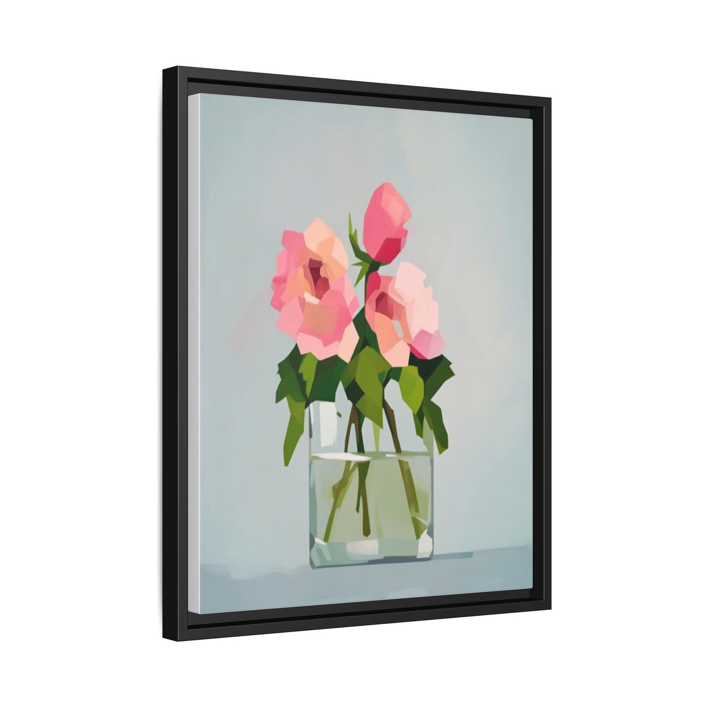 Framed Floral Canvas Print — Pink Roses in Glass Vase (Matte)