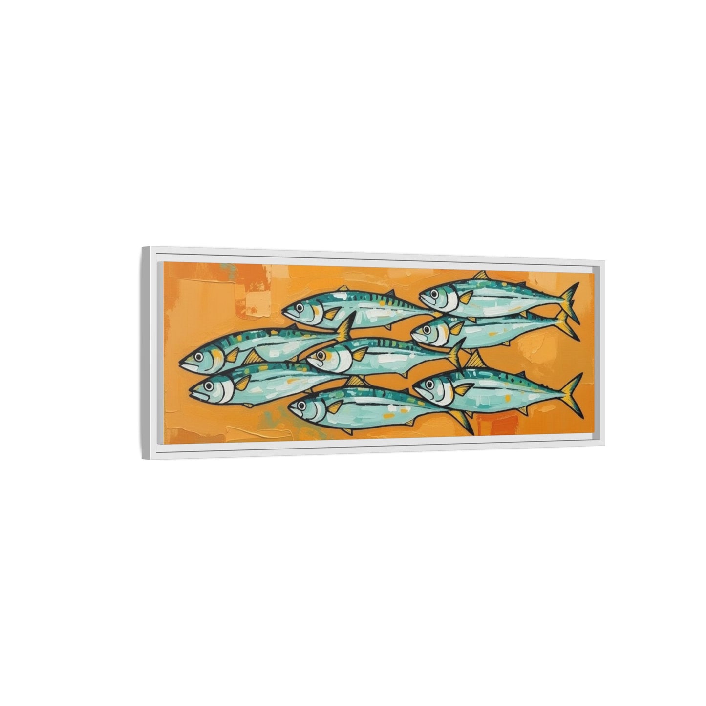 Framed Matte Canvas Print — School of Blue Fish on Orange Abstract Background
