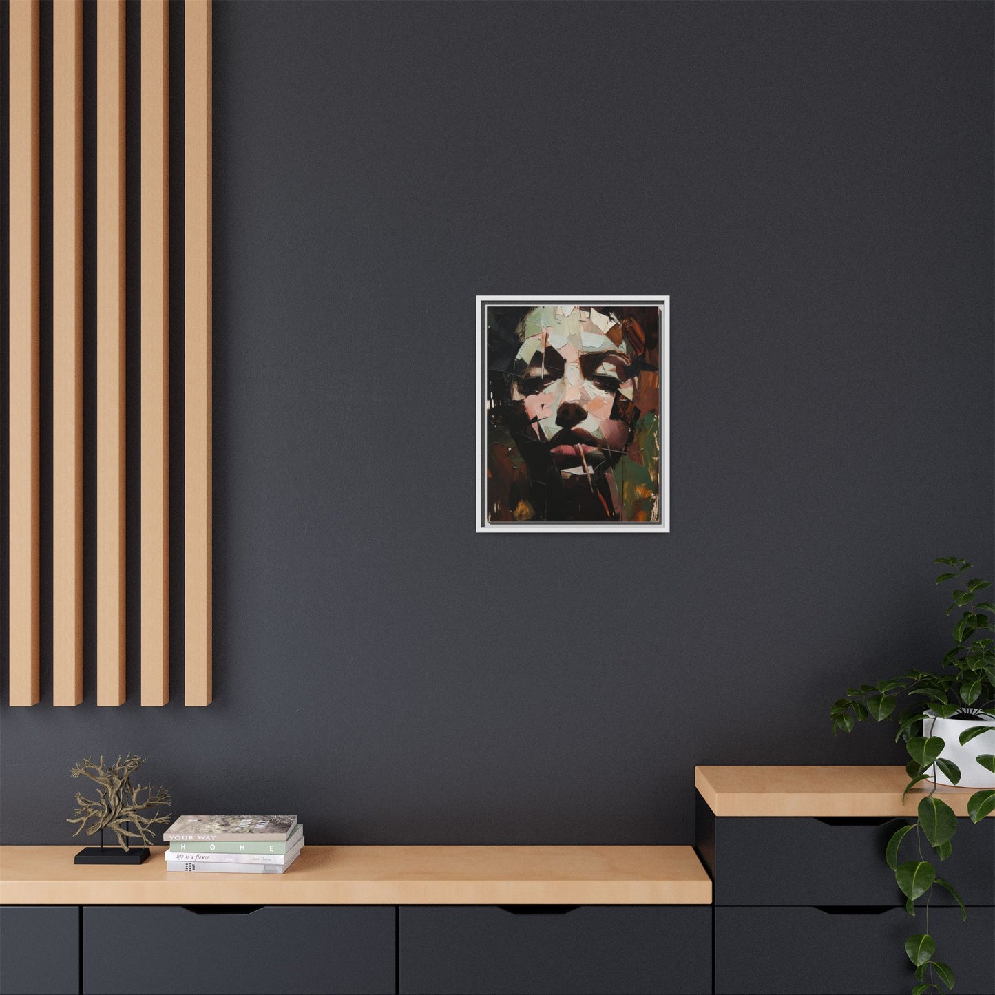 Matte Framed Canvas Art — Abstract Female Portrait, Moody Multicolor