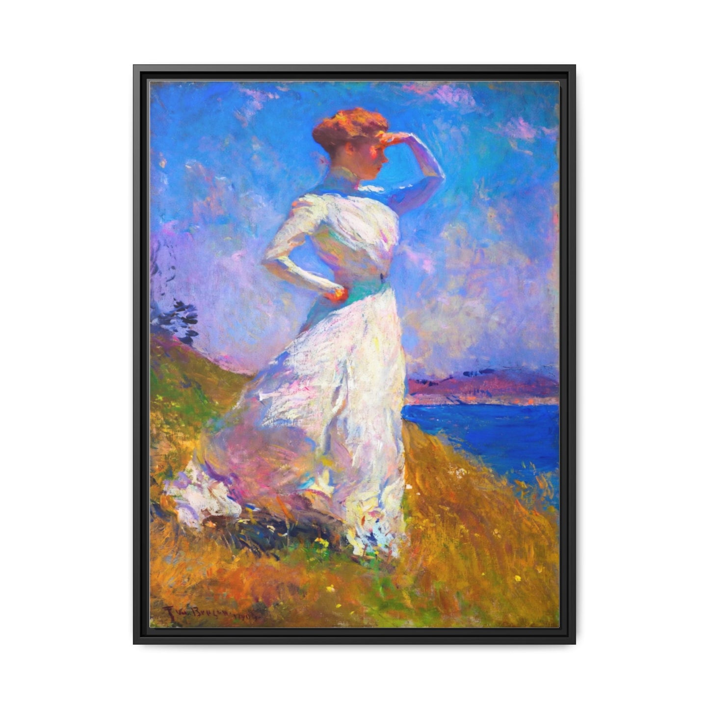Framed Matte Canvas Art - Woman in White Seaside Impressionist Print