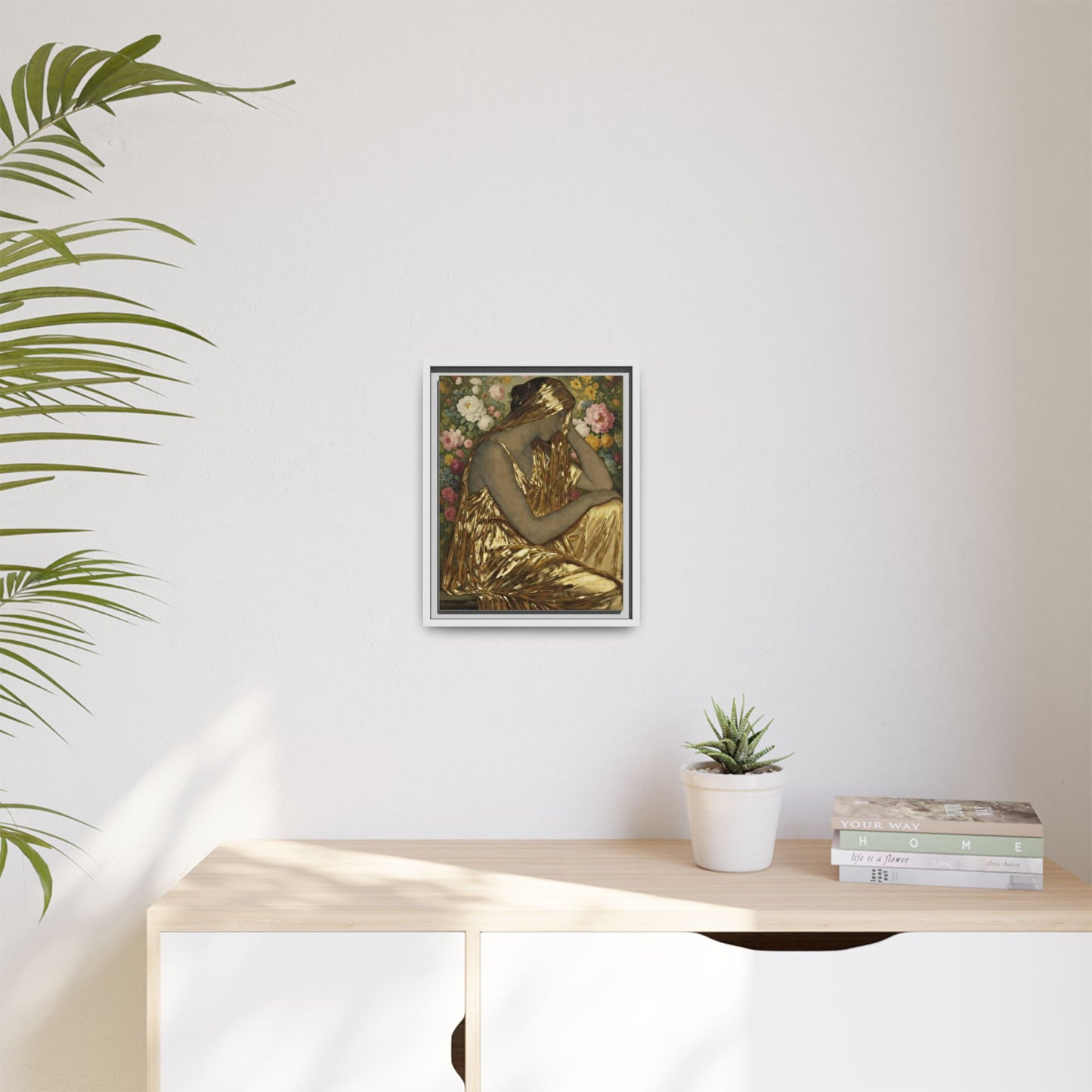 Framed Canvas Art Print — Golden Muse Woman with Floral Background