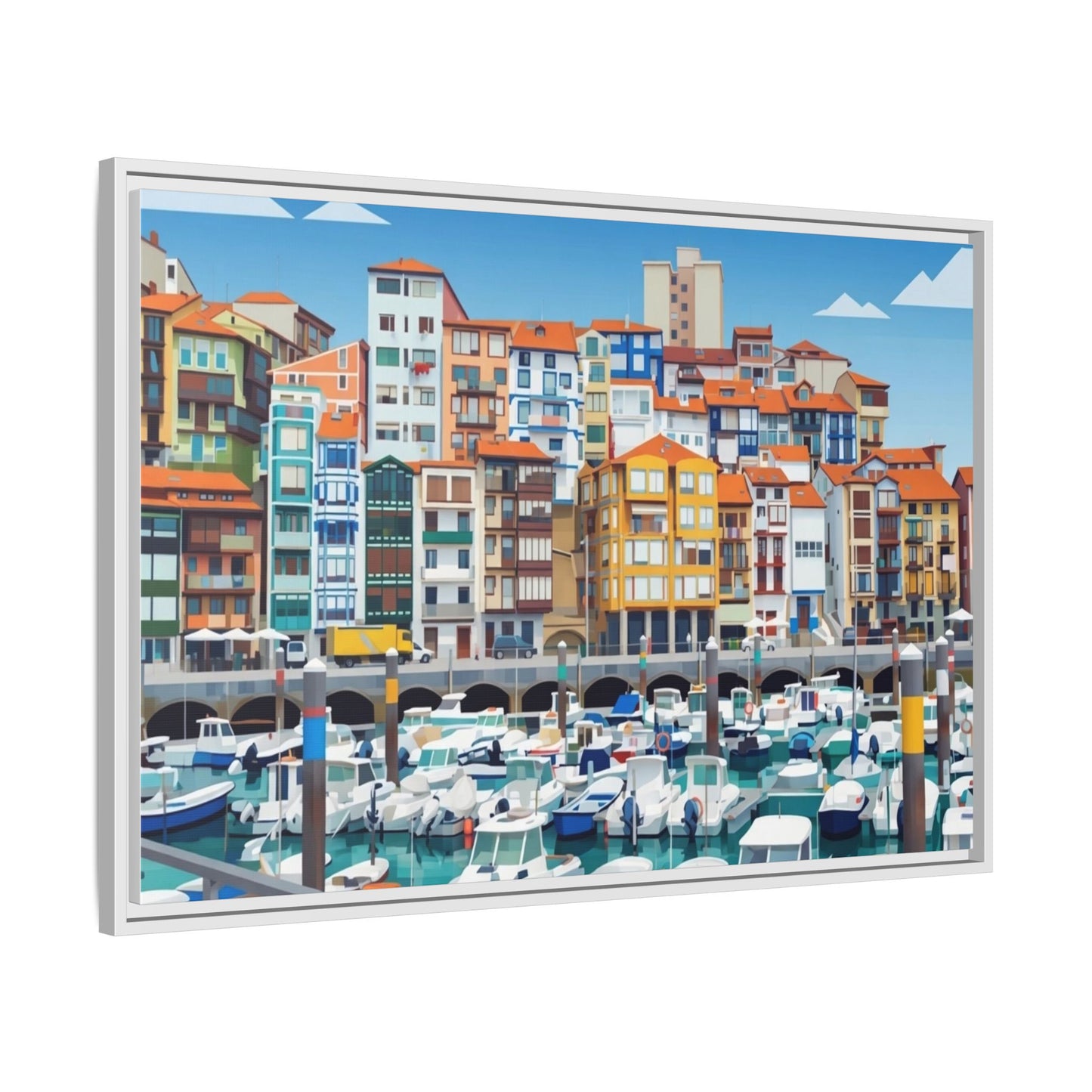 Framed Matte Canvas Print — Colorful Mediterranean Harbor Illustration