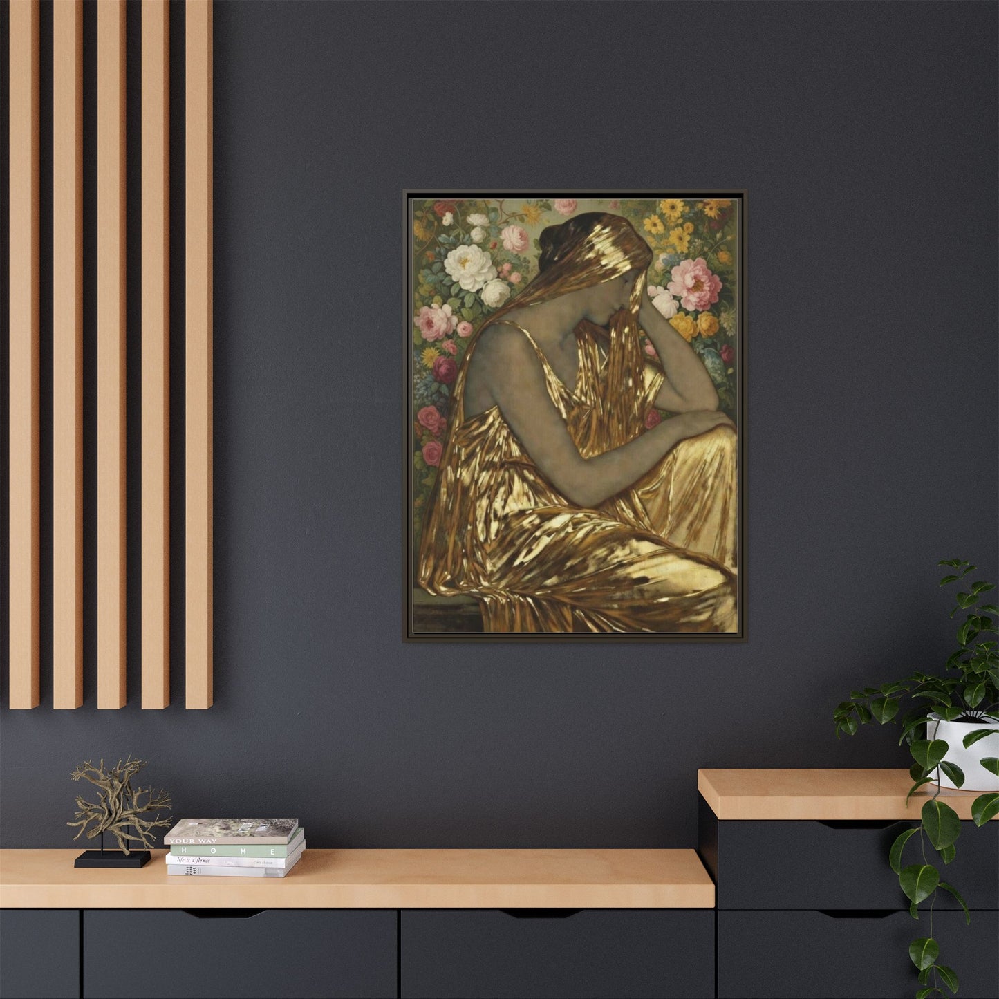 Framed Canvas Art Print — Golden Muse Woman with Floral Background