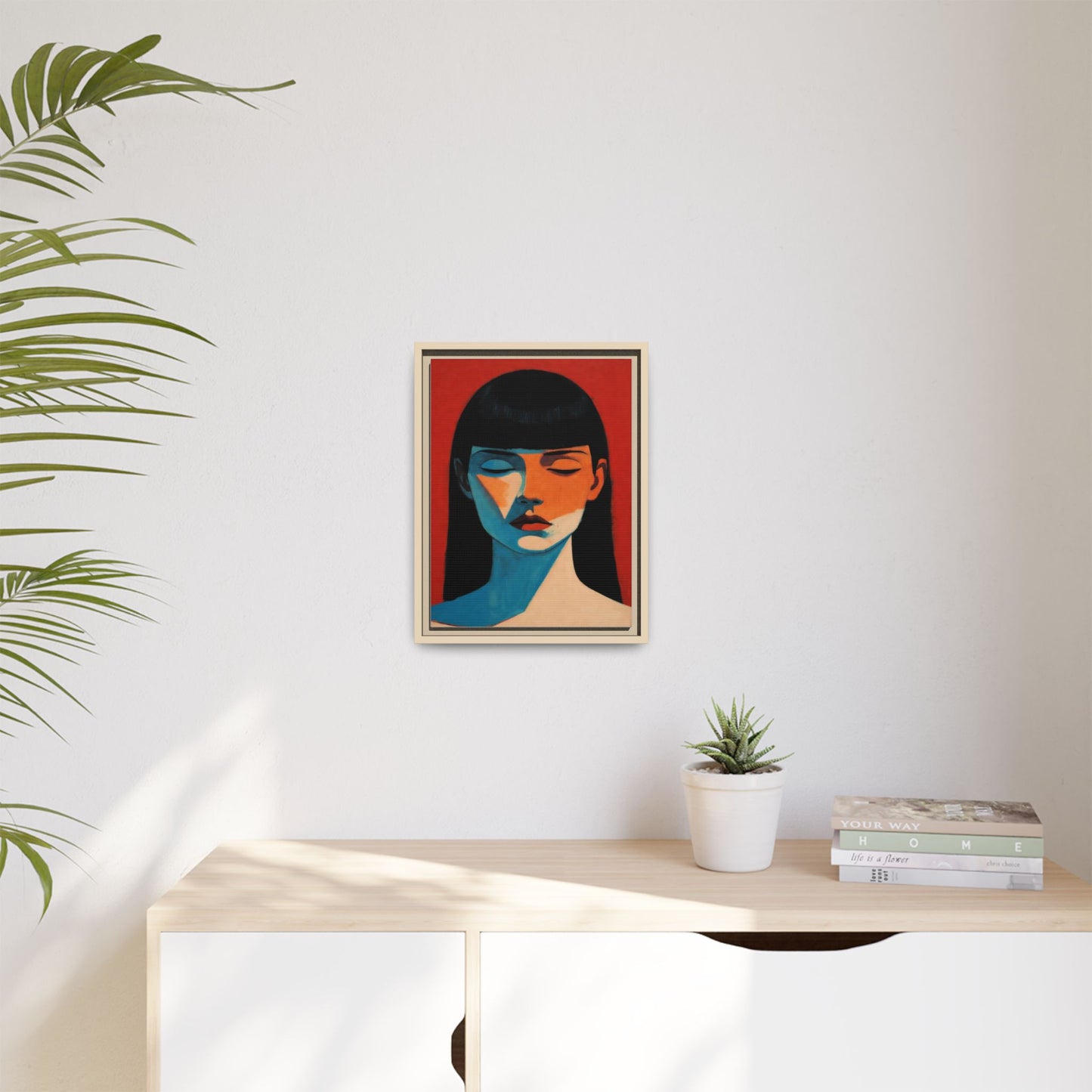 Framed Matte Canvas Art – Minimalist Portrait in Red & Teal