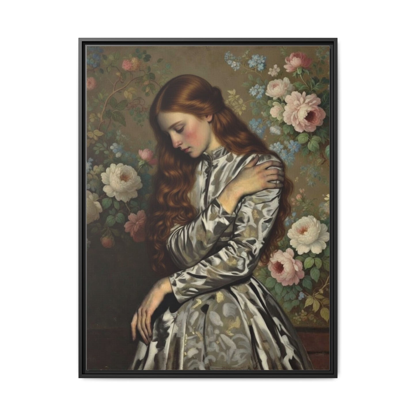 Framed Matte Canvas Art — Vintage Floral Portrait of a Young Woman