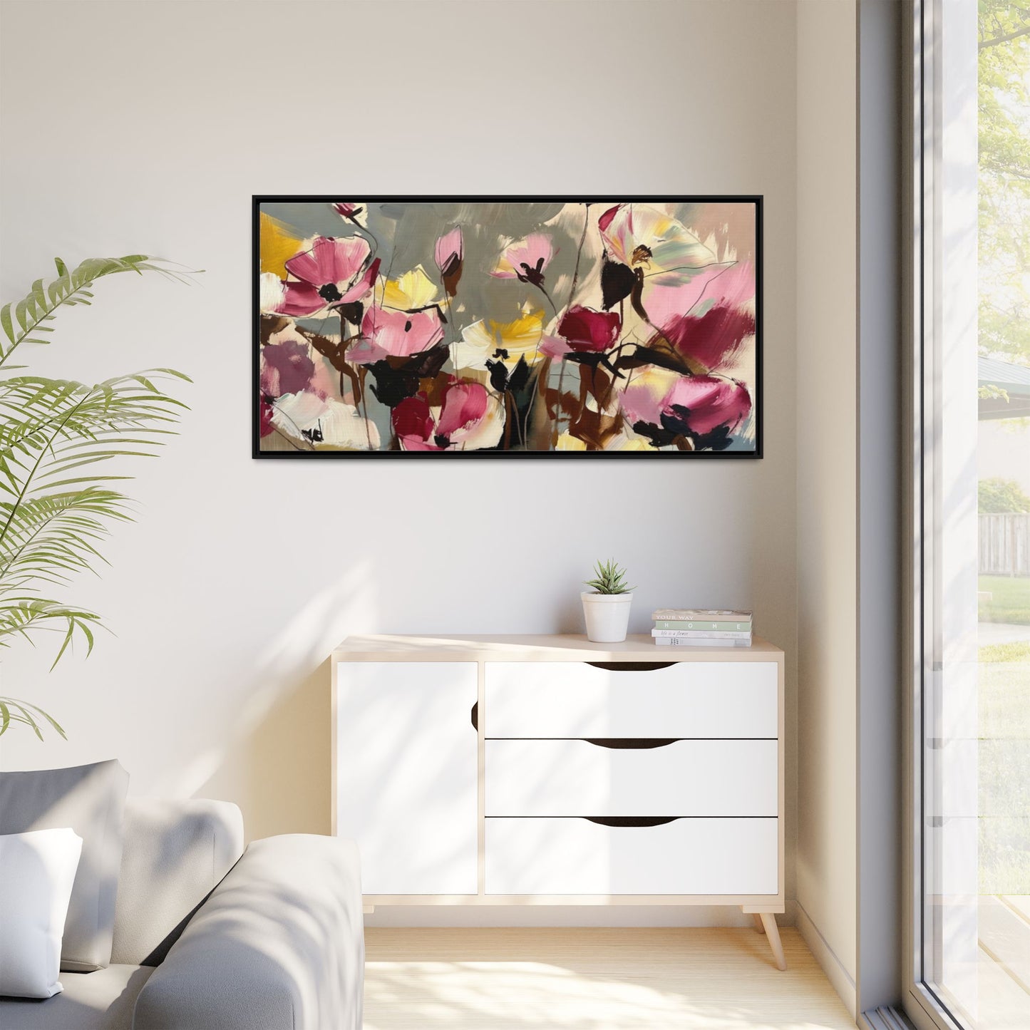 Framed Floral Canvas Wall Art — Abstract Pink & Yellow Flowers