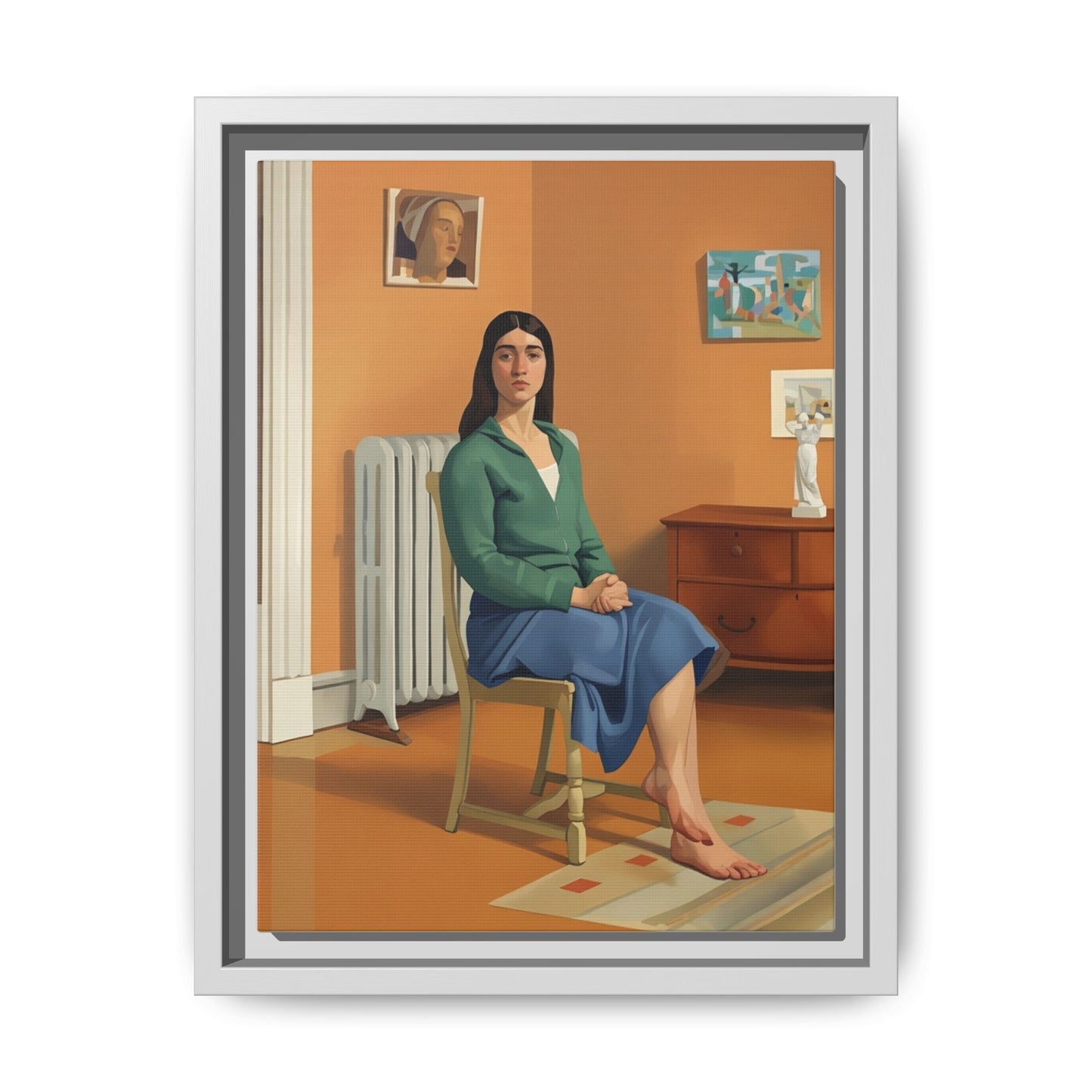 Framed Matte Canvas Print — Woman Seated in Warm Interior (Midcentury Portrait)