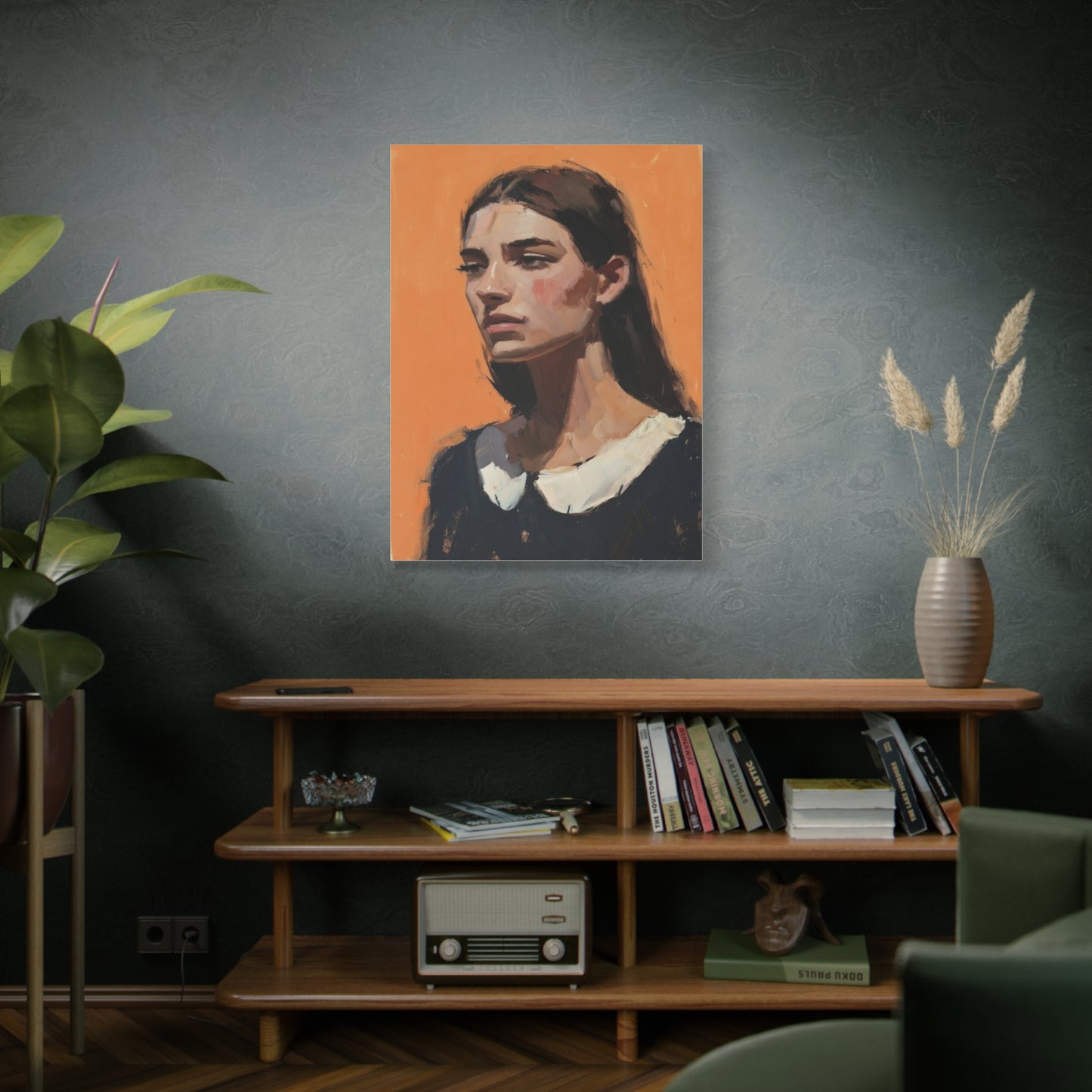 Portrait Canvas Print — Moody Female Figure in Warm Orange