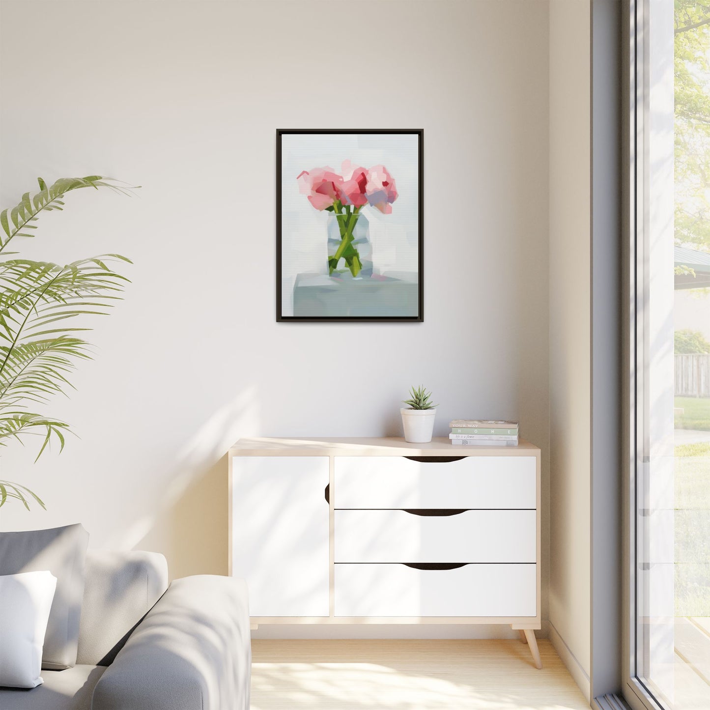 Framed Floral Canvas Art — Pink Peonies in Vase (Matte)