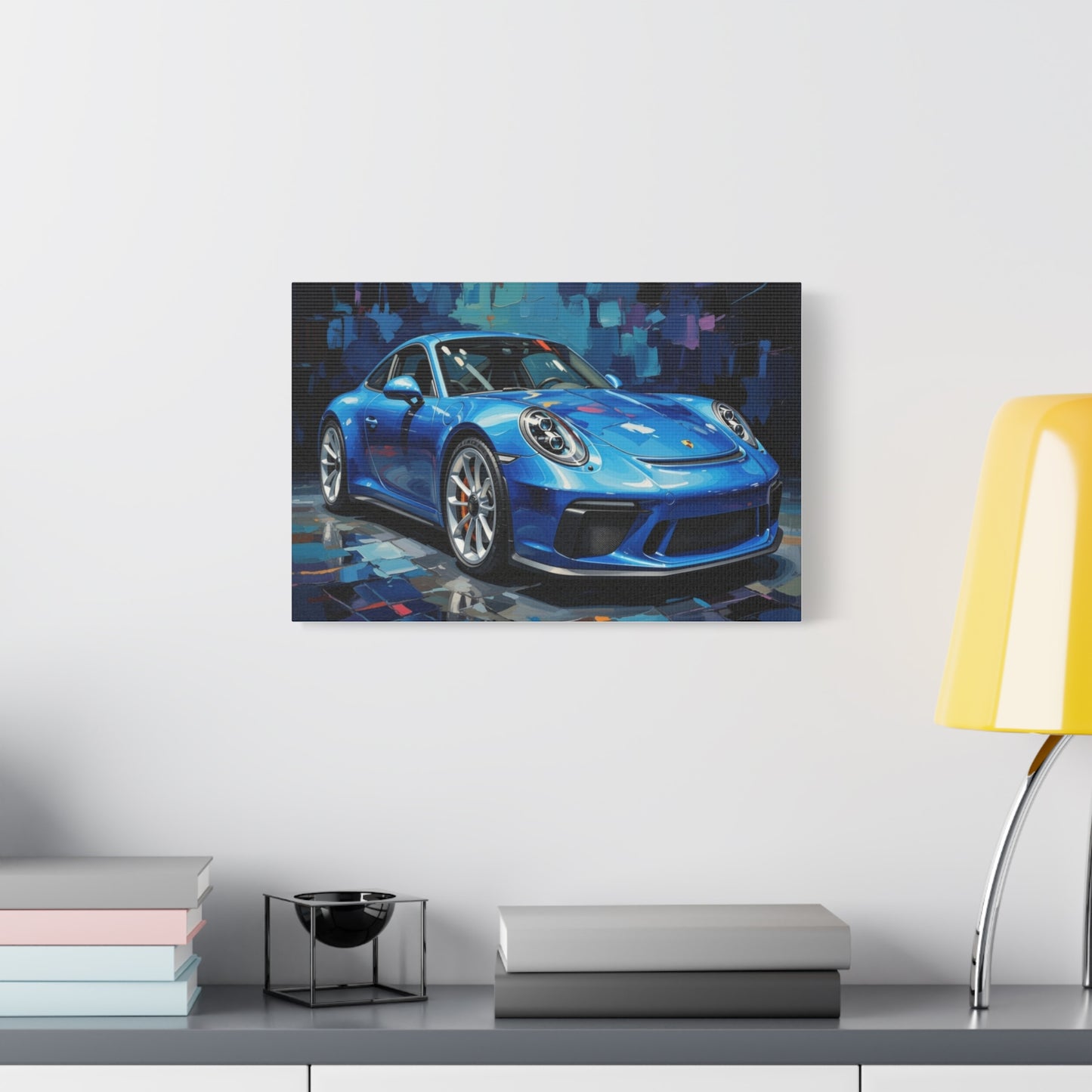 Blue Sports Car Canvas Wall Art — Modern Automotive Painting on Stretched Matte Canvas