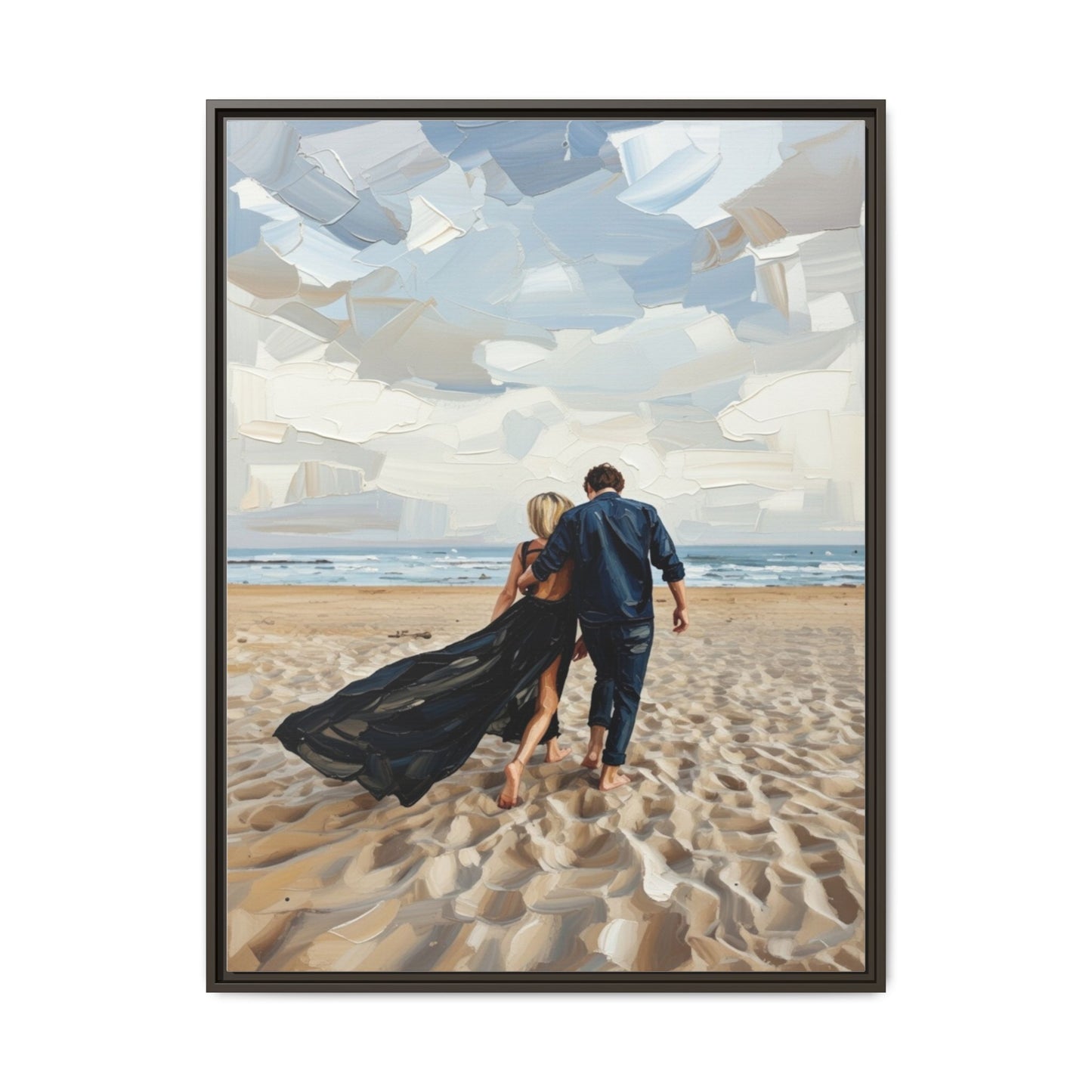 Framed Canvas Wall Art — Romantic Couple Walking on Beach Print