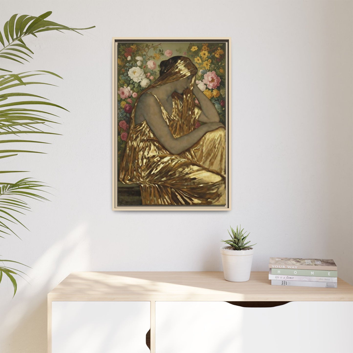 Framed Canvas Art Print — Golden Muse Woman with Floral Background