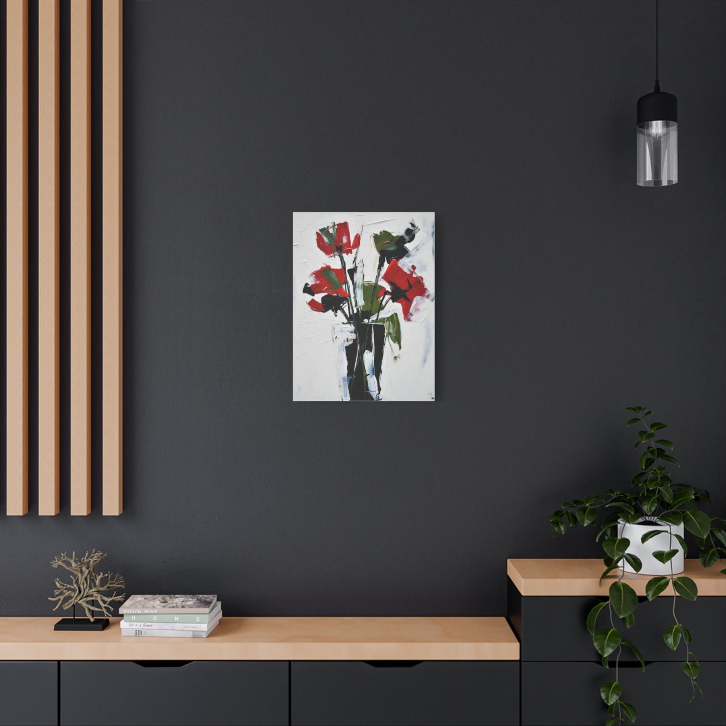 Red Floral Abstract Canvas Print — Modern Painterly Flowers on Matte Stretched Canvas