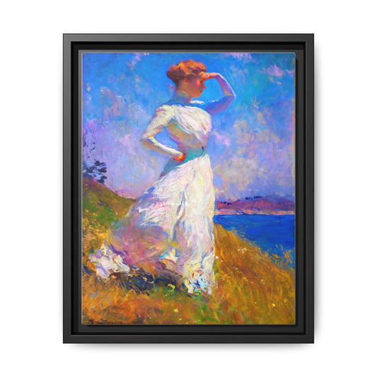 Framed Matte Canvas Art - Woman in White Seaside Impressionist Print
